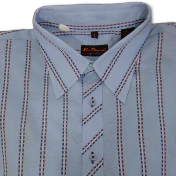 Ben Sherman Light Blue w/ Red White Blue Stripe Button Front Shirt XL - Picture 1 of 4